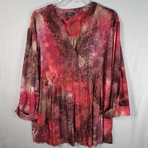 Cocomo Womens Shirt 3/4 Sleeve Vneck Leopard Blouse Pleated Tie Dye Boho Size 4X